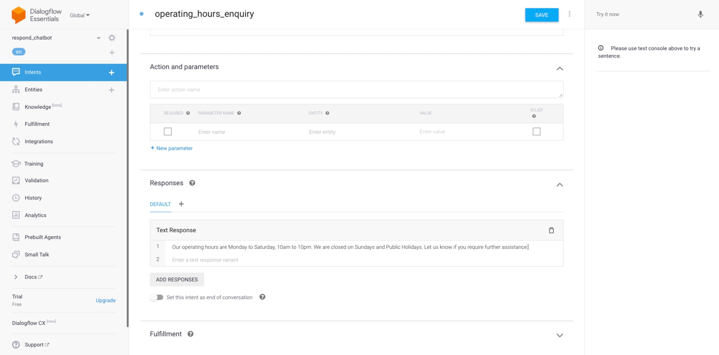 screenshot of dialogflow chatbot sample response