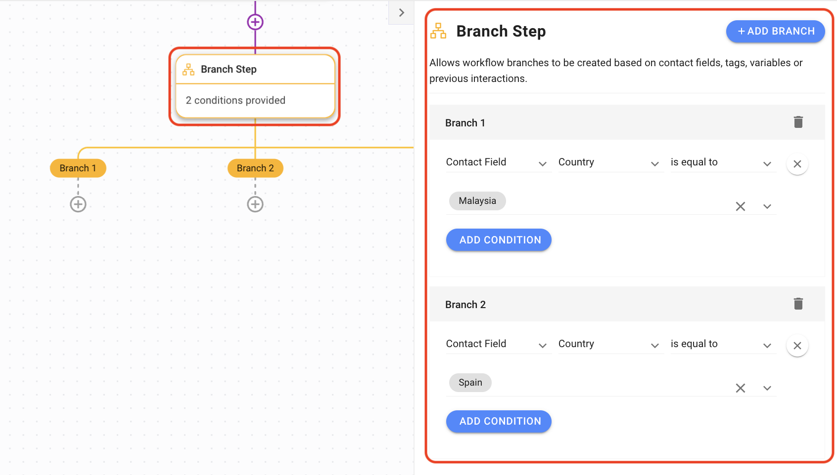 screenshot of workflow showing how to add a branch to route contacts by country