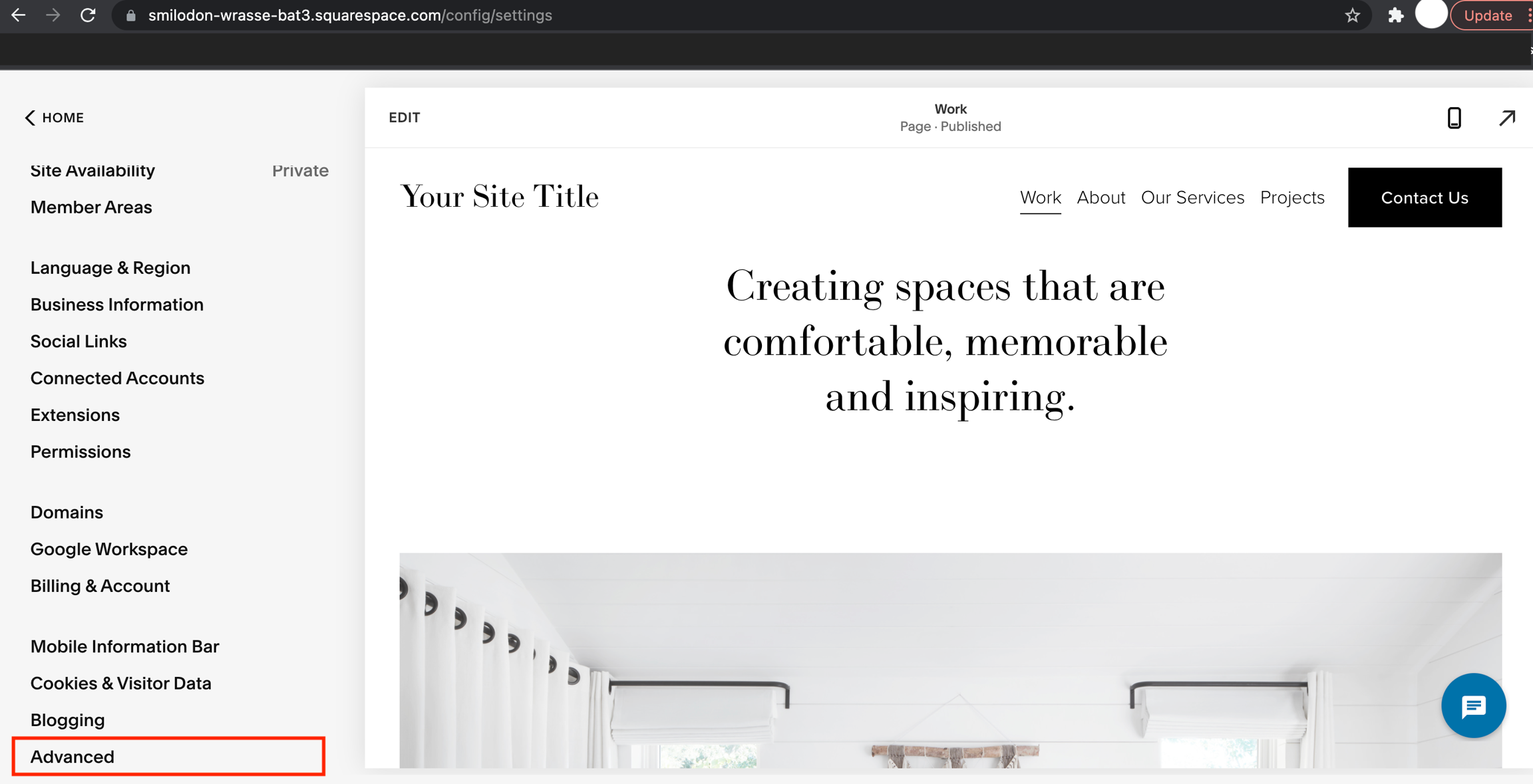 Squarespace Navigate to Advanced Settings