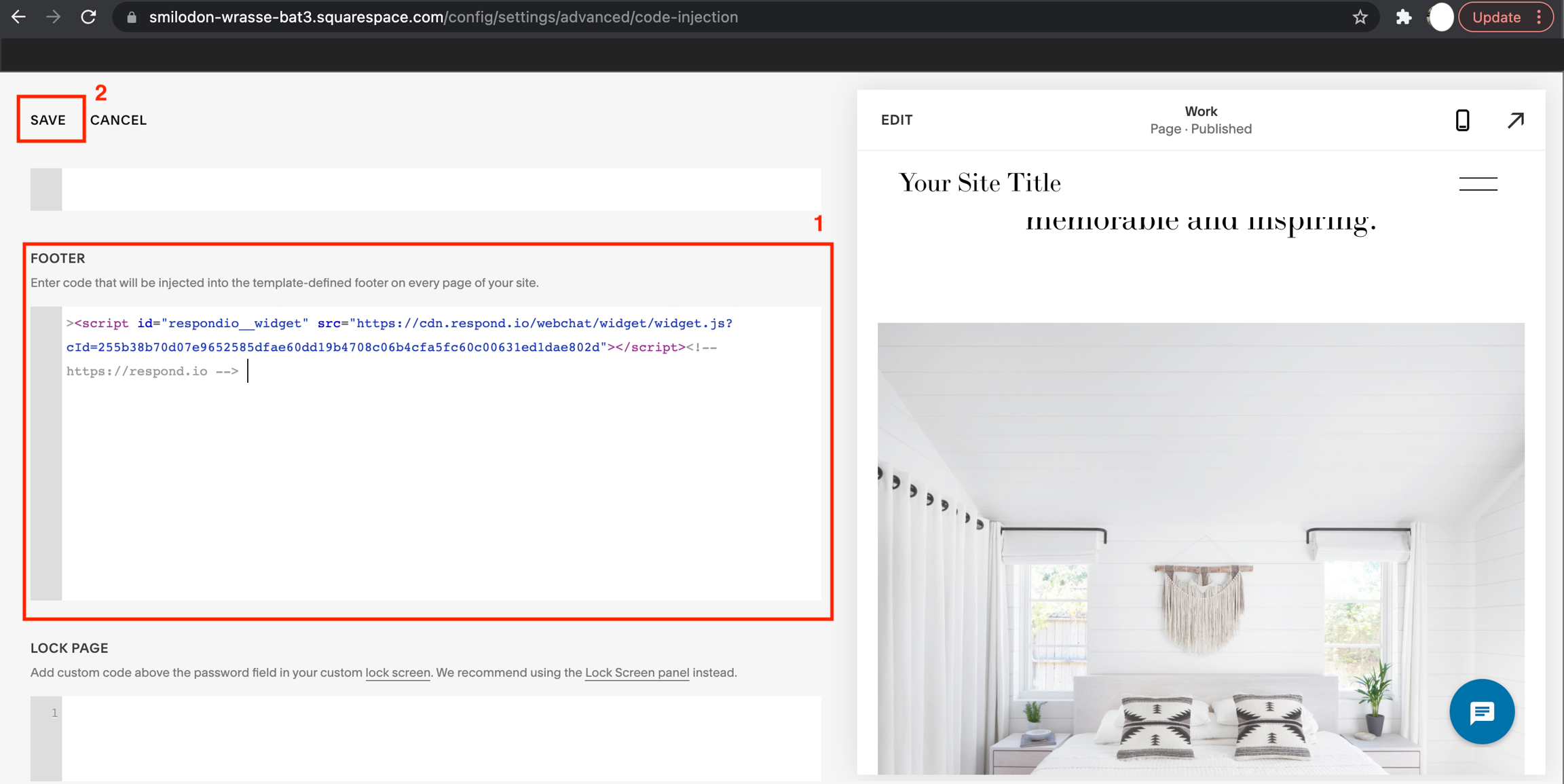 Squarespace paste the Script code in footer and save