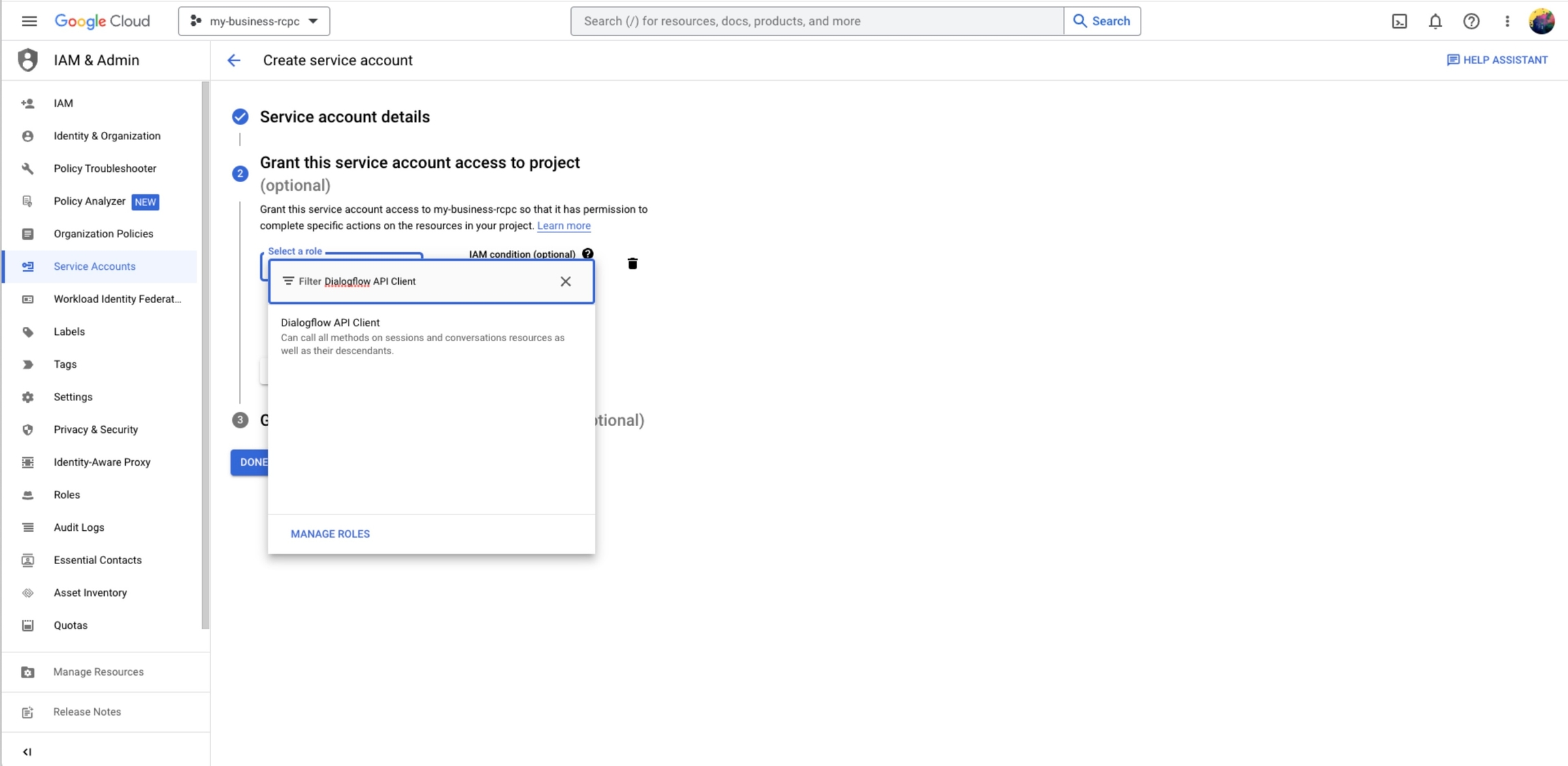 screenshot showing how to assign the Dialogflow API Client role to the service account