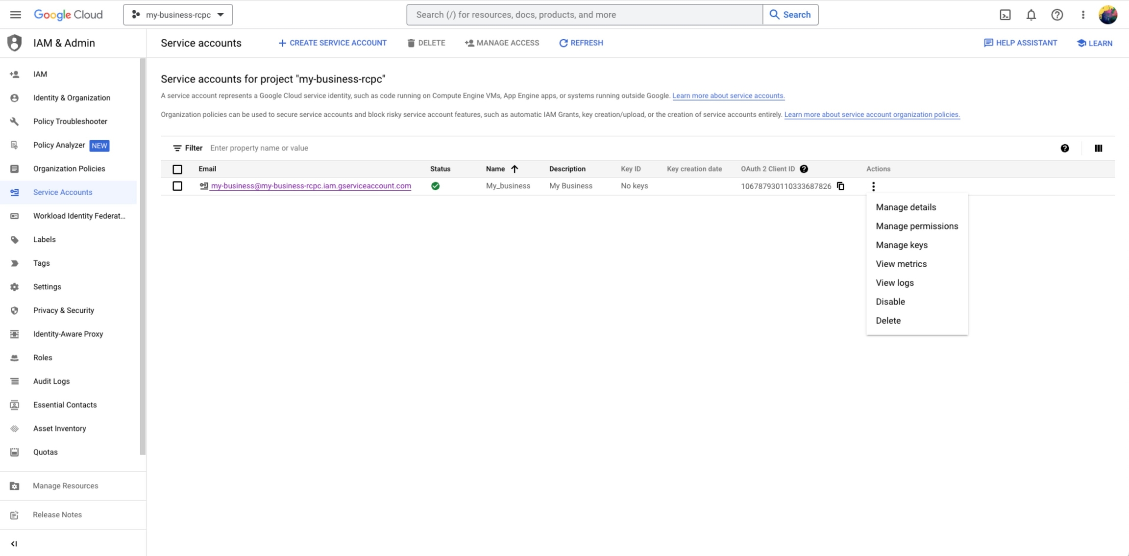 screenshot showing the select Manage Key option from the actions menu.