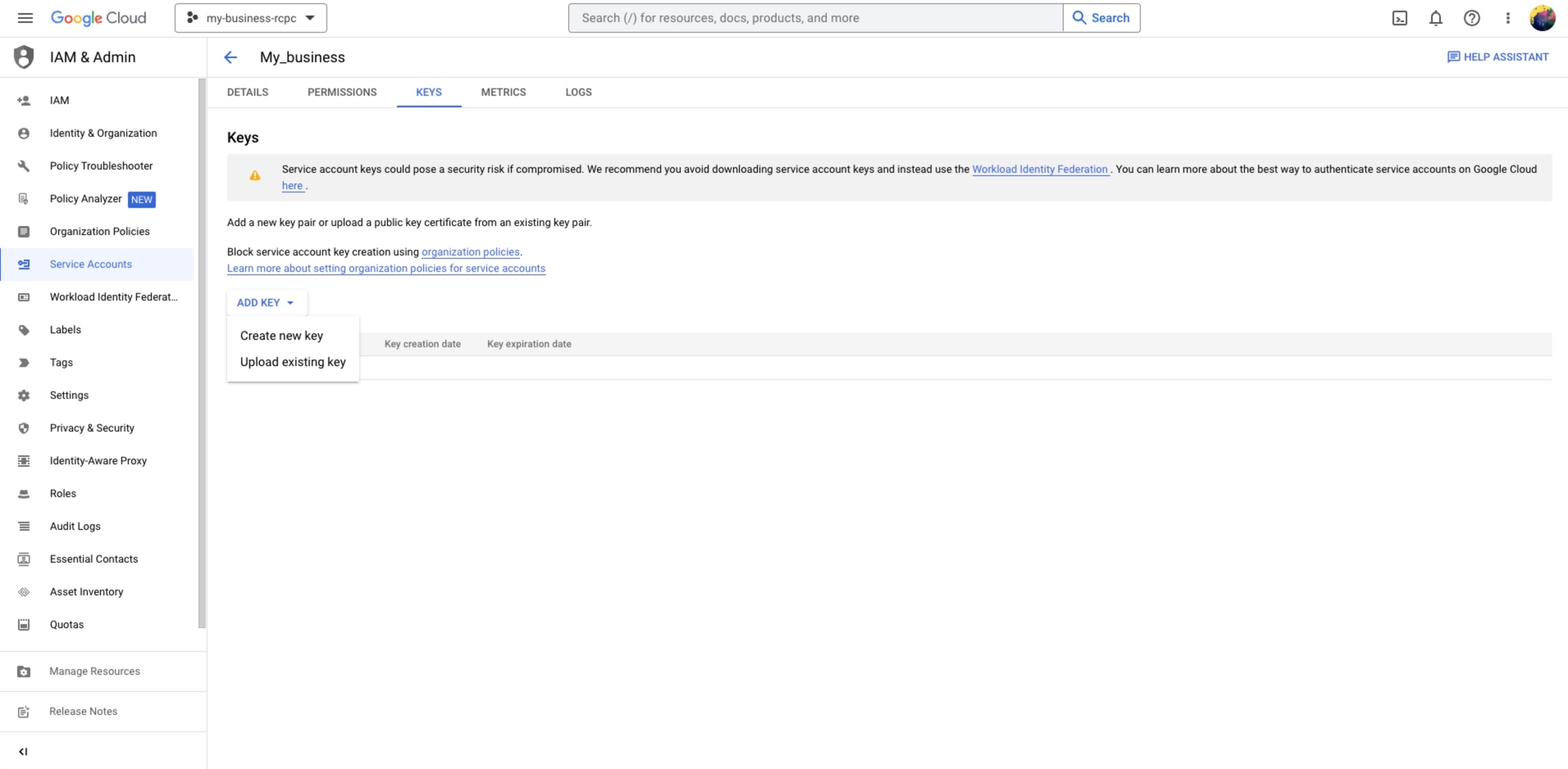 screenshot showing the Create new key screen