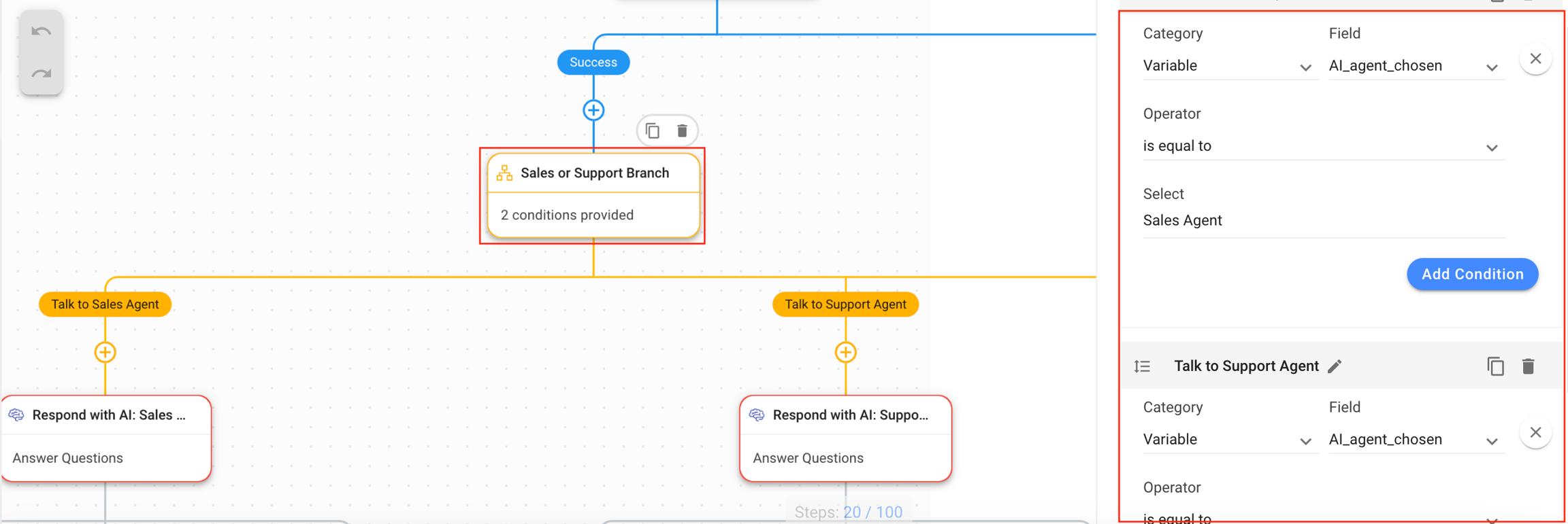 Setting properties of Talk to Support branch