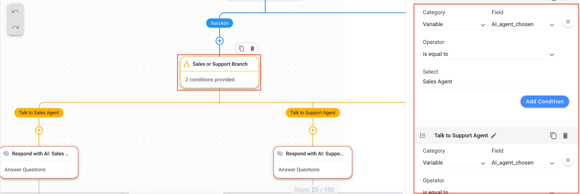 Setting properties of Talk to Support branch