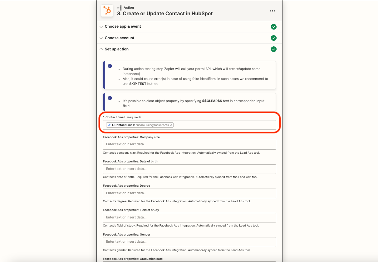 Hubspot create or update action