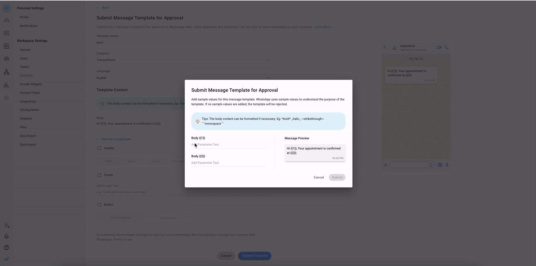 submitting sample values for message template