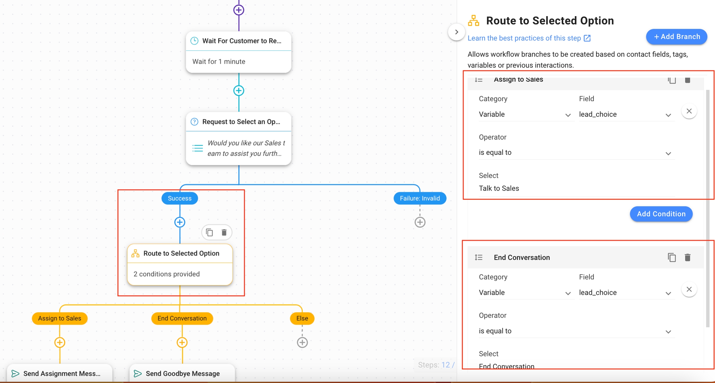 Routing to the selected option