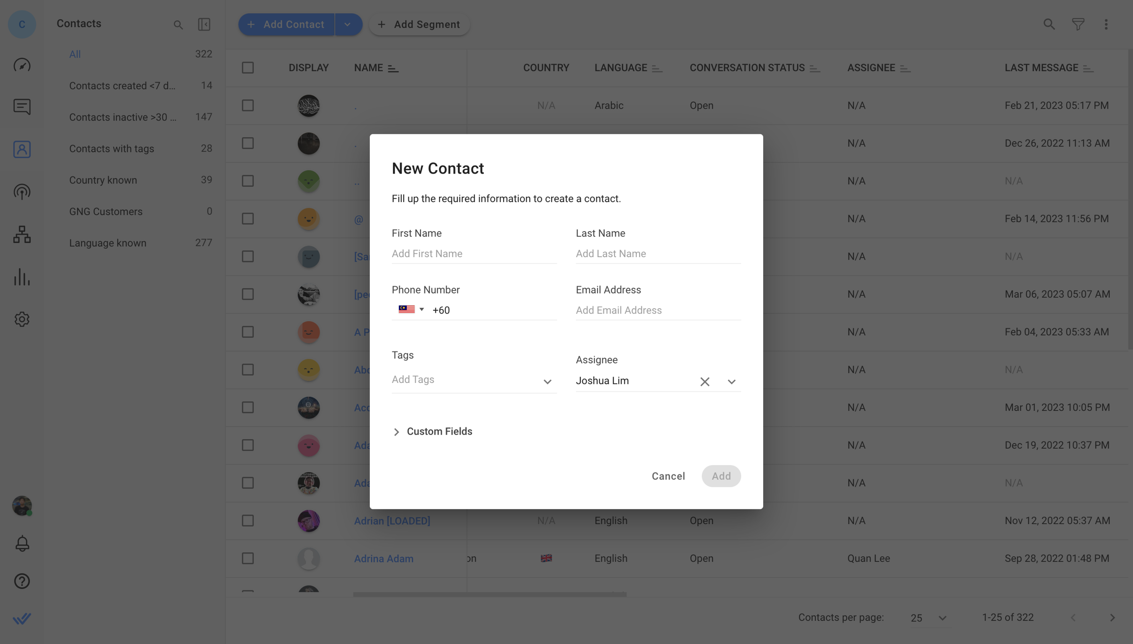 Contacts Menu - Fill in details