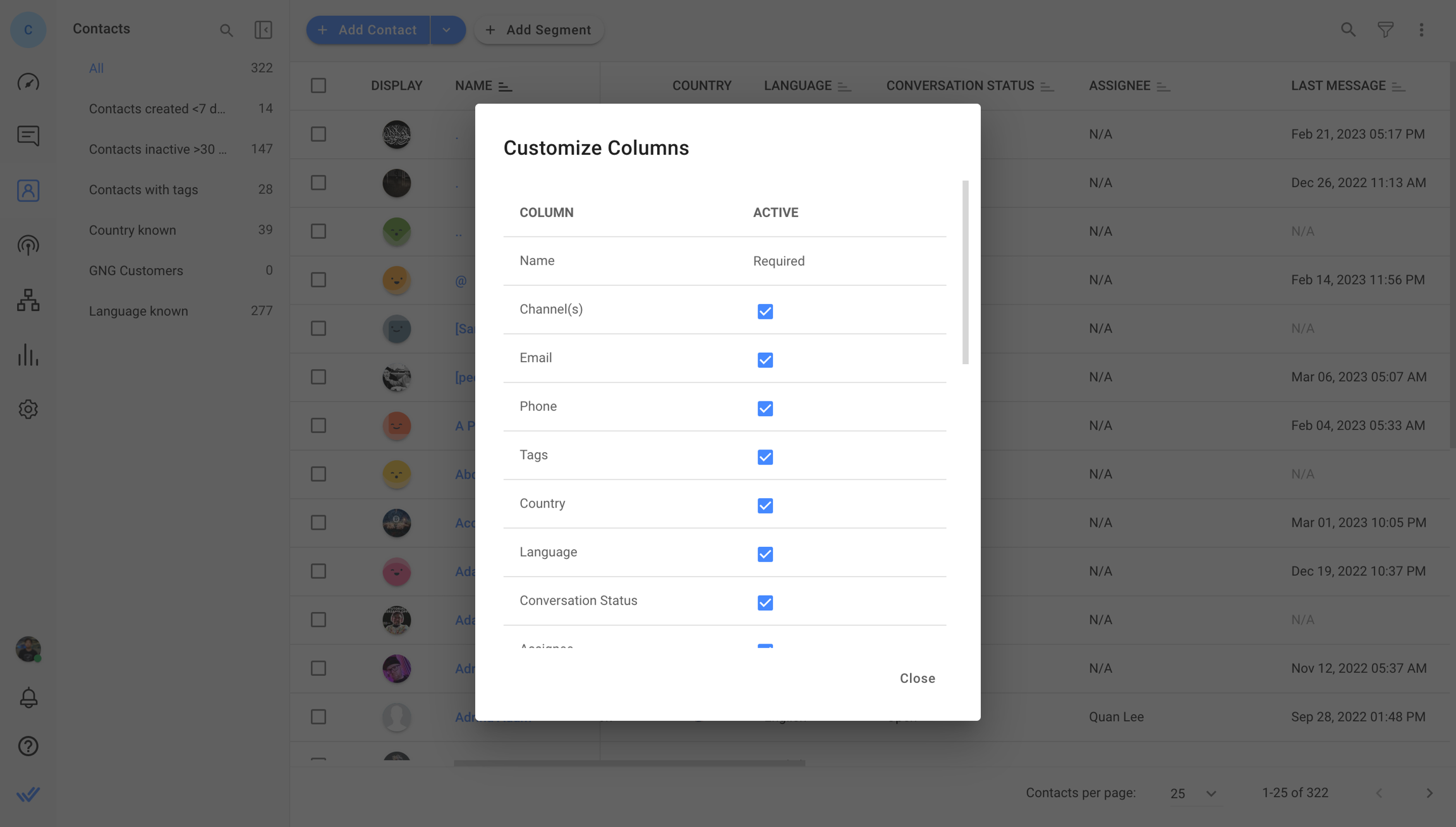 Customizing columns by selecting check boxes