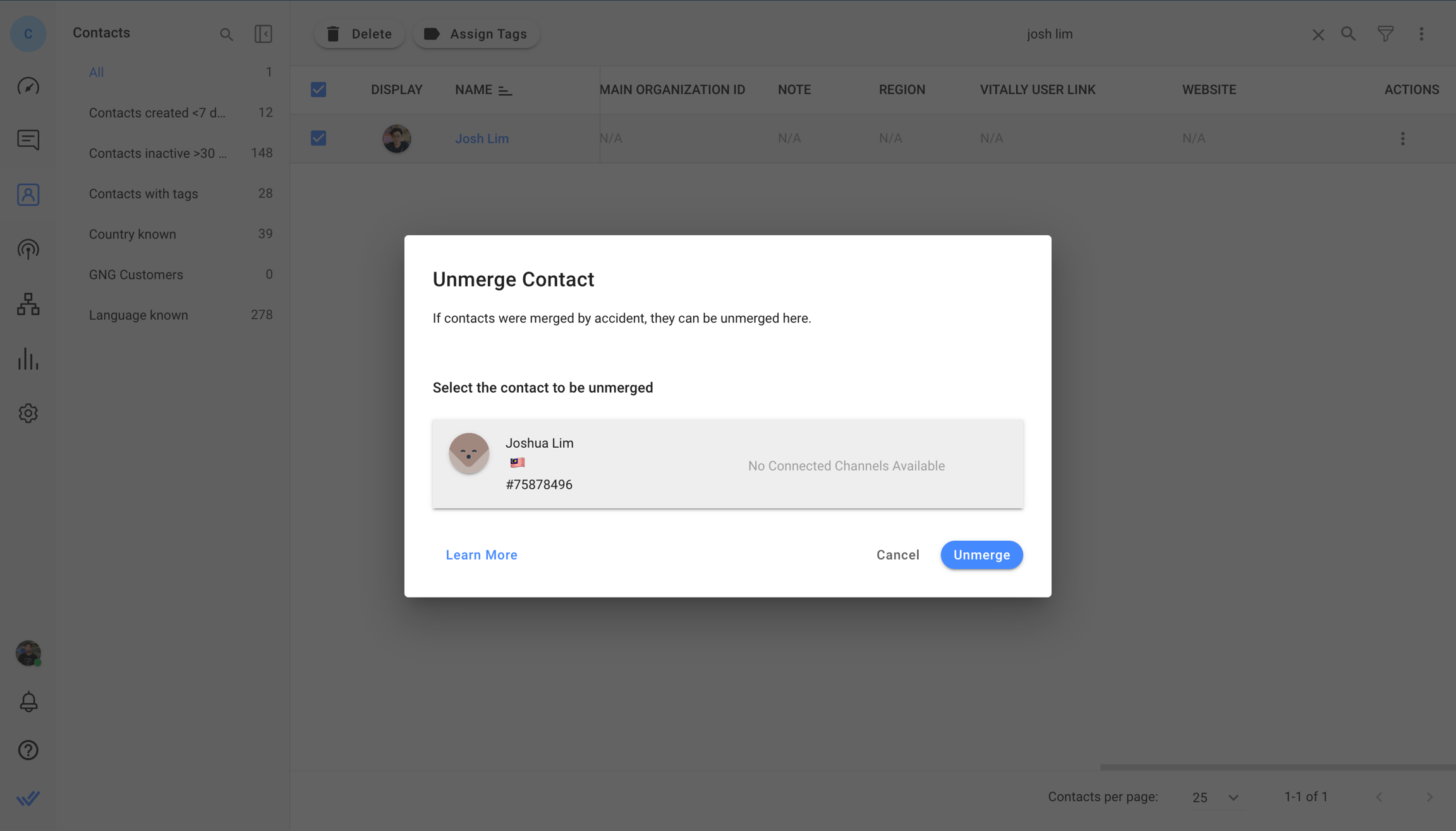 Select the Contact to unmerge