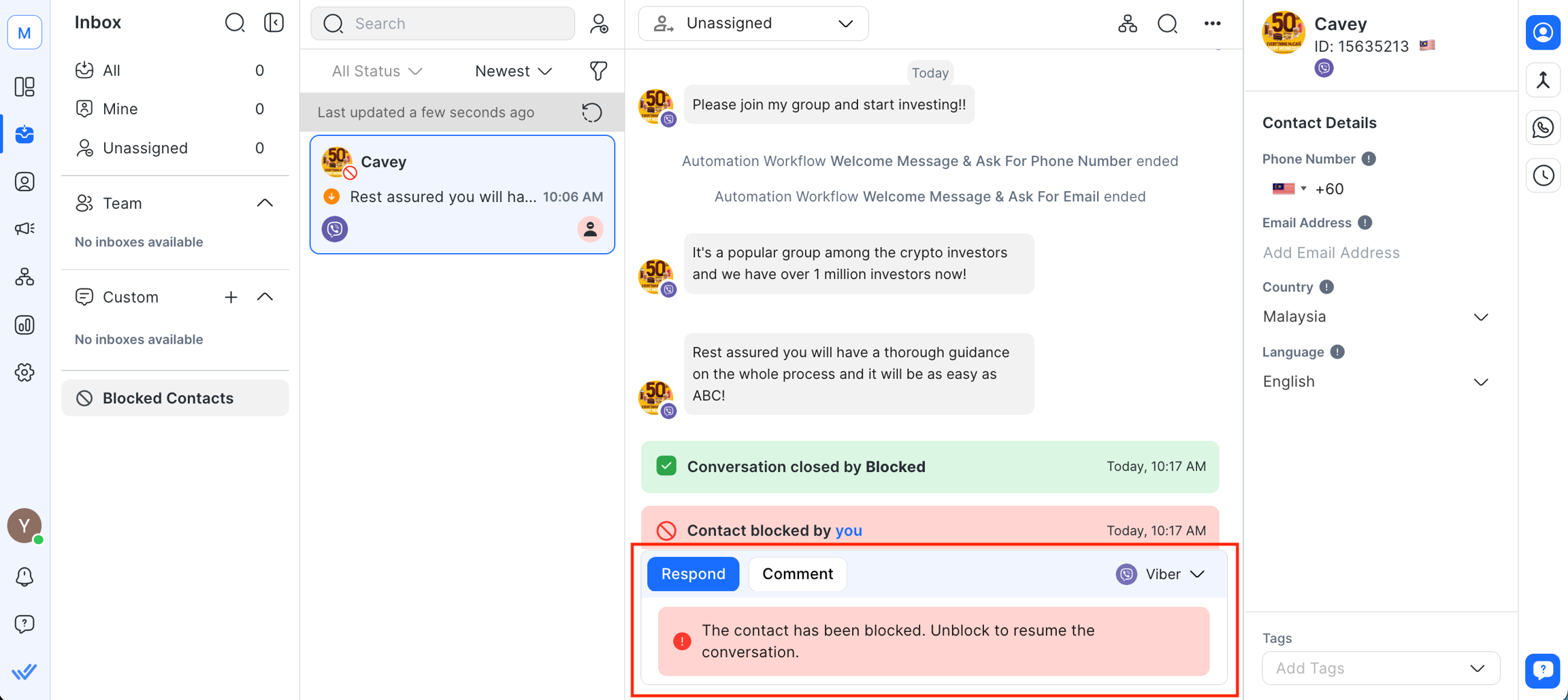 Contact interaction disabled