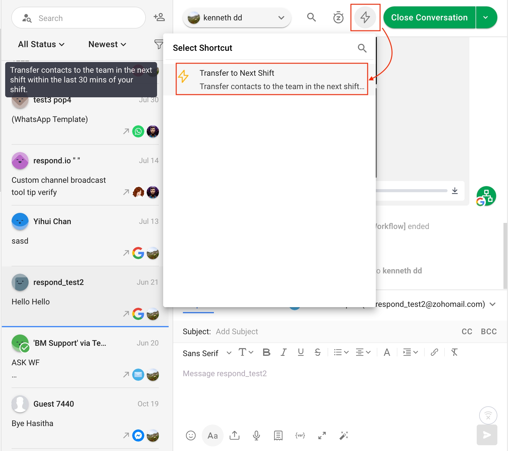 Transfer to Next Shift Shortcut Button