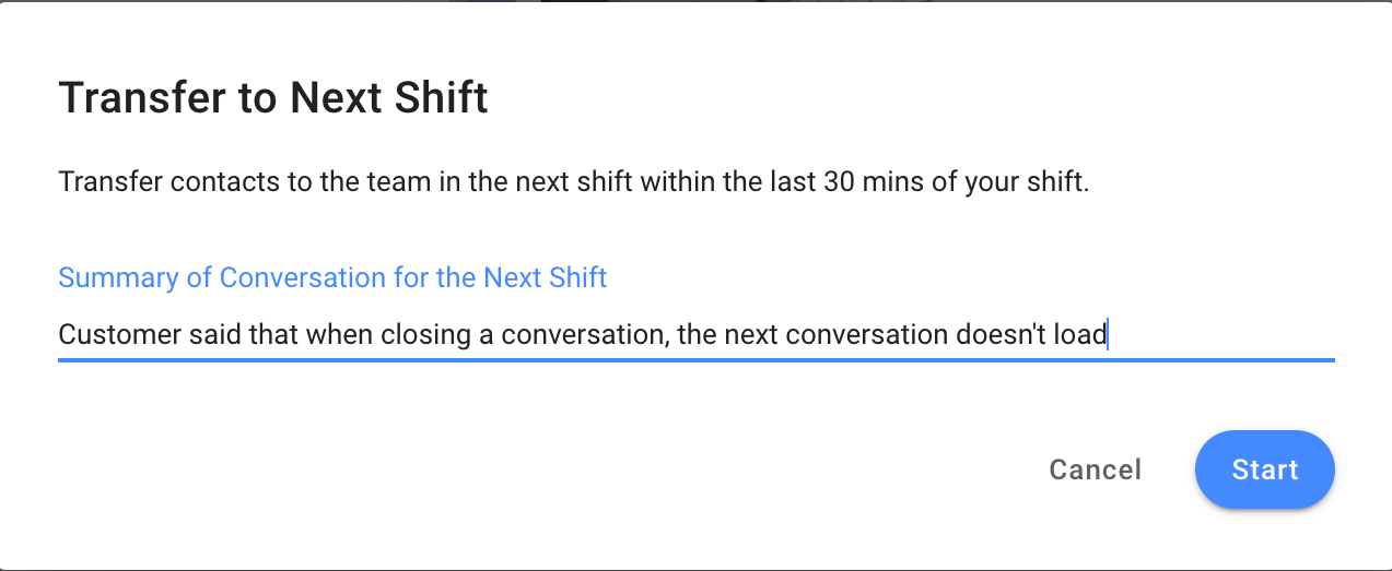 Transfer to Next Shift form