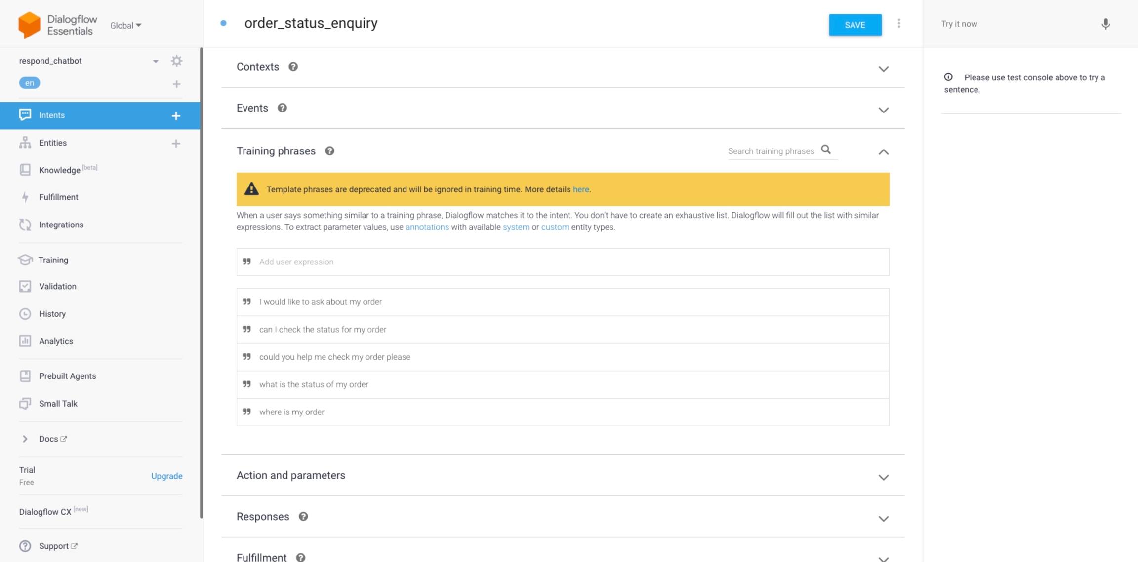 screenshot of adding intent training phrases in dialogflow