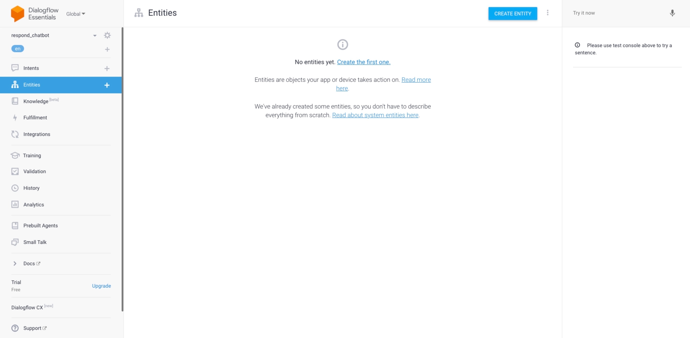 screenshot showing how to create a dialogflow entity