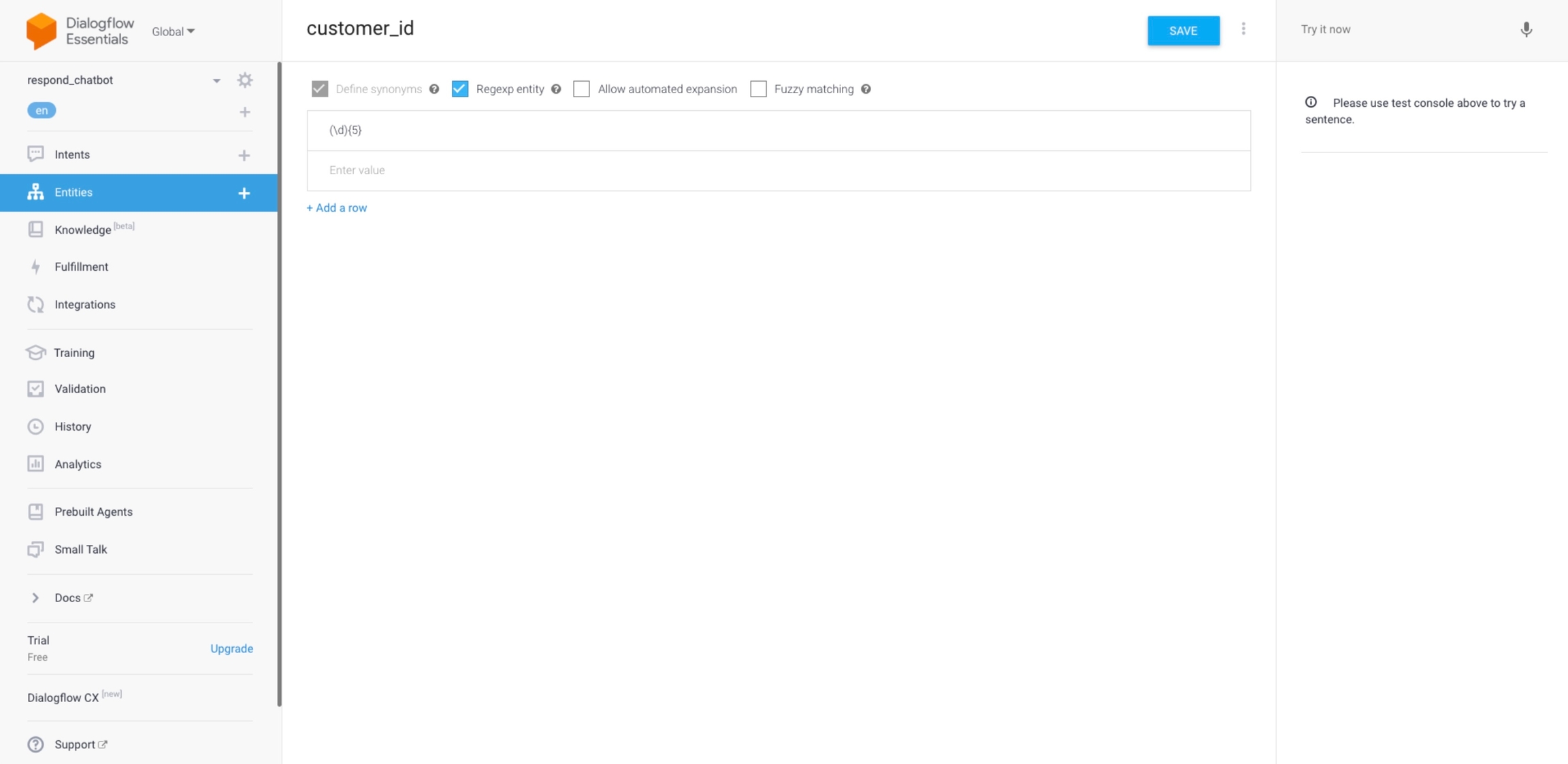 screenshot showing how to add customer id as an entity in dialogflow