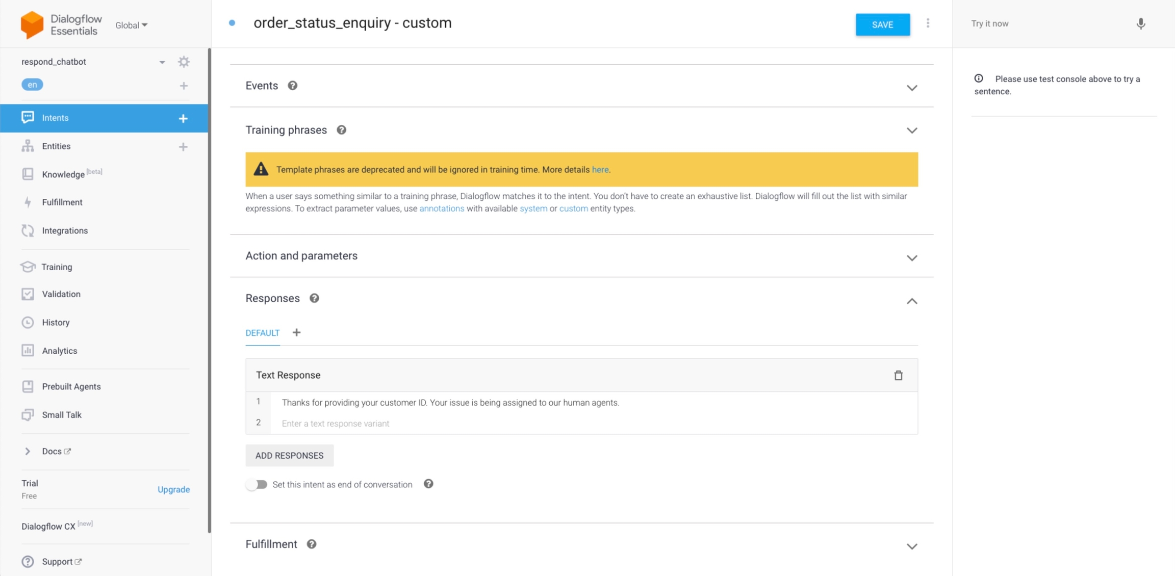 screenshot of dialogflow default text response