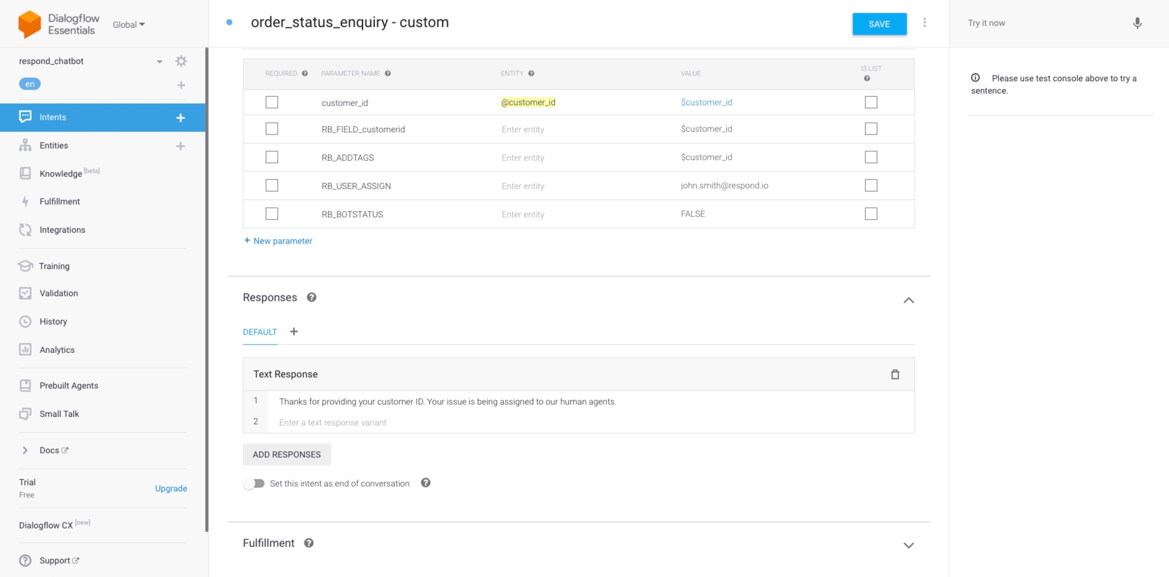 screenshot of how to disable a dialogflow bot after the conversation is handed off