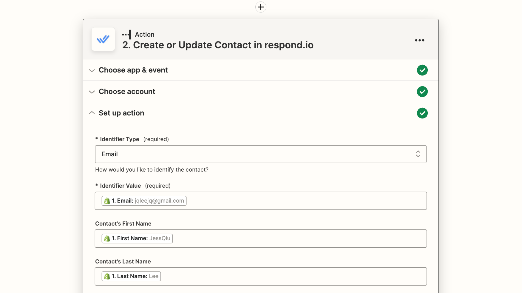 screenshot of create or update contact in respond action