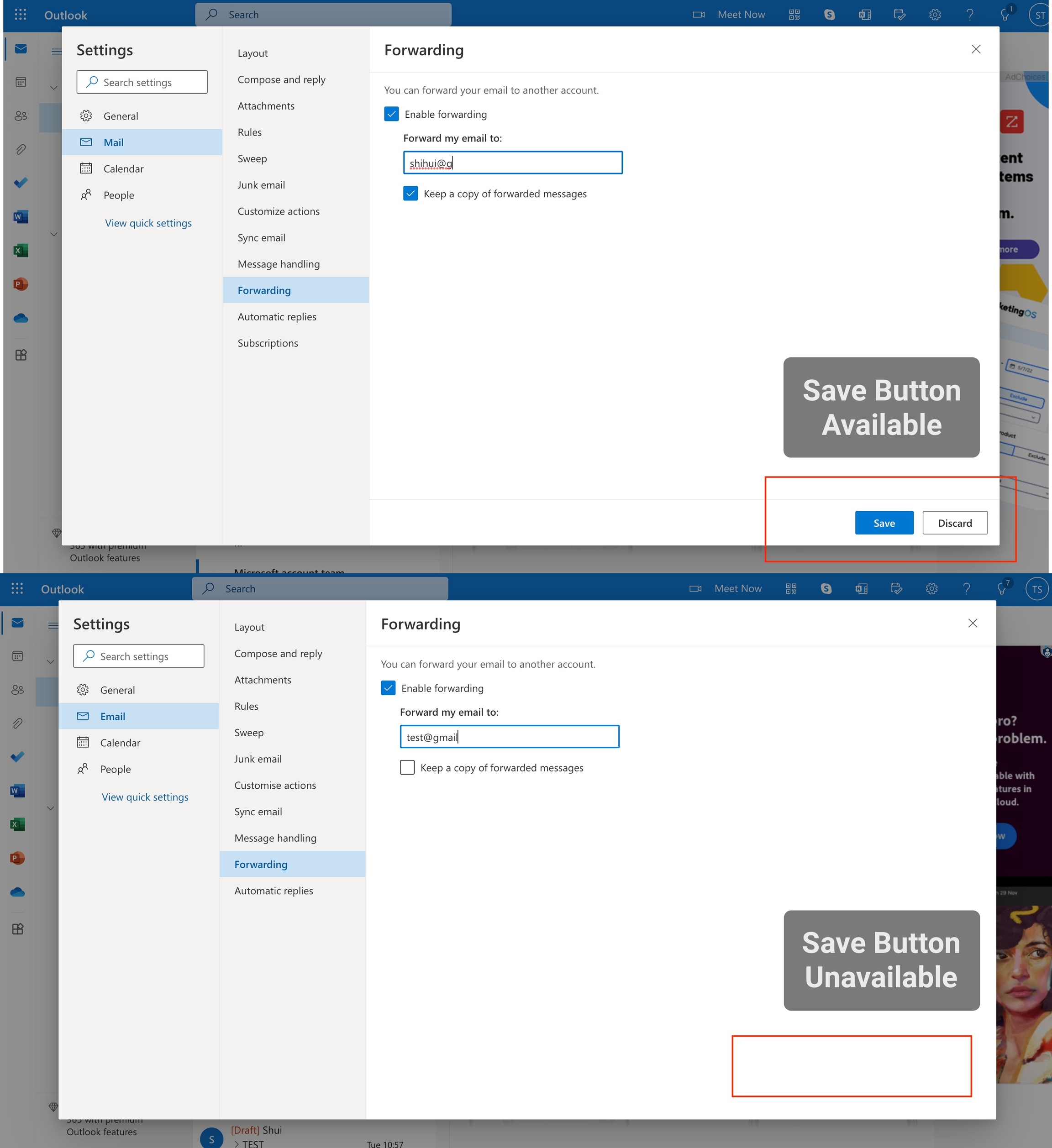 Save Button Unavailable When Setting Up Email Forwarding Rule (For Outlook Email Only)