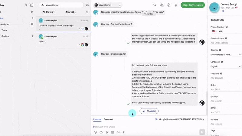 Providing feedback to the AI Assist responses