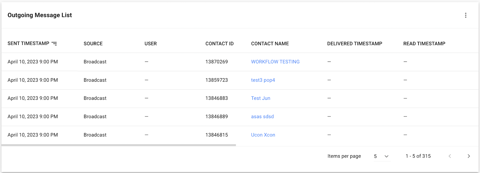 Outgoing Message List