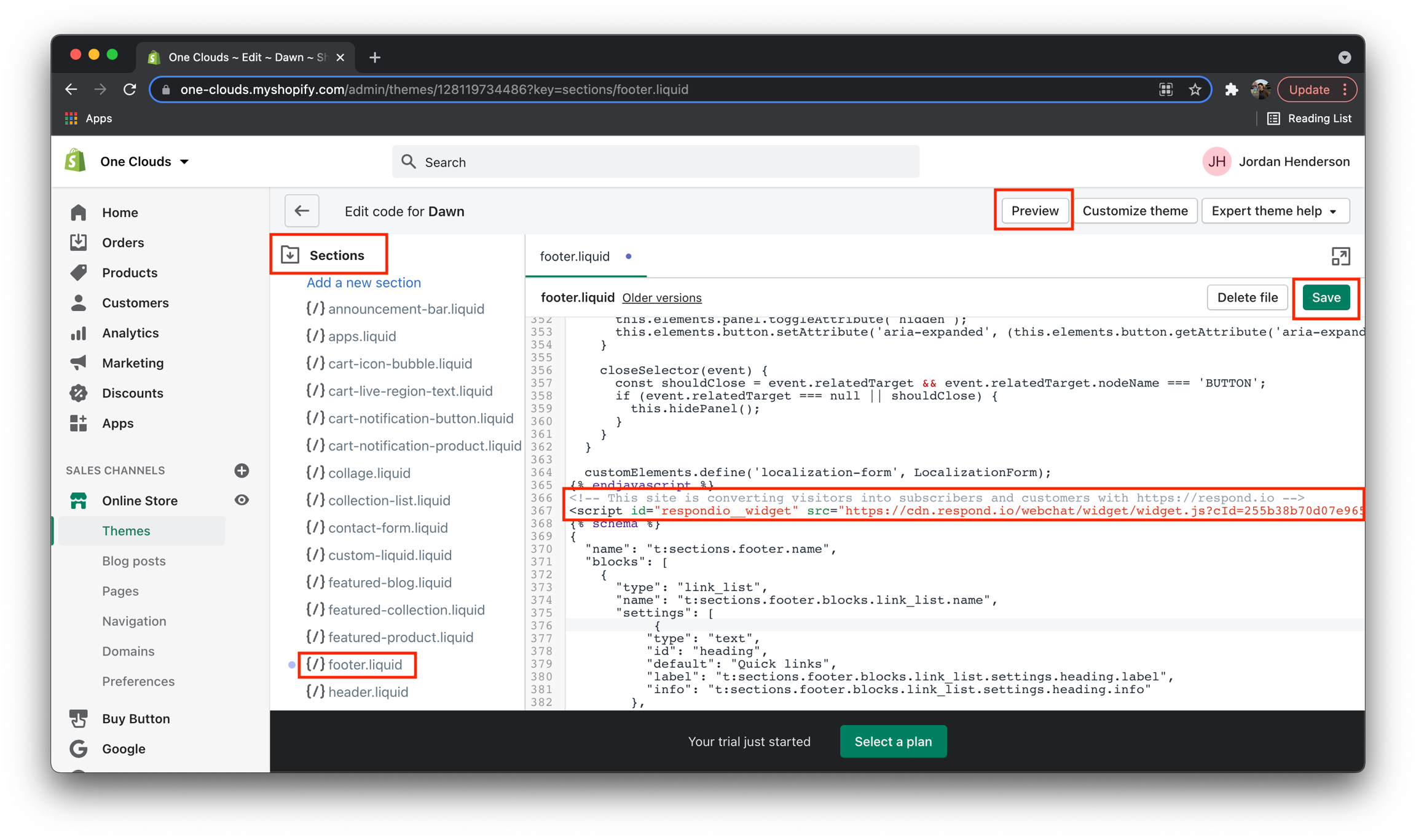 Shopify account online store themes edit code page