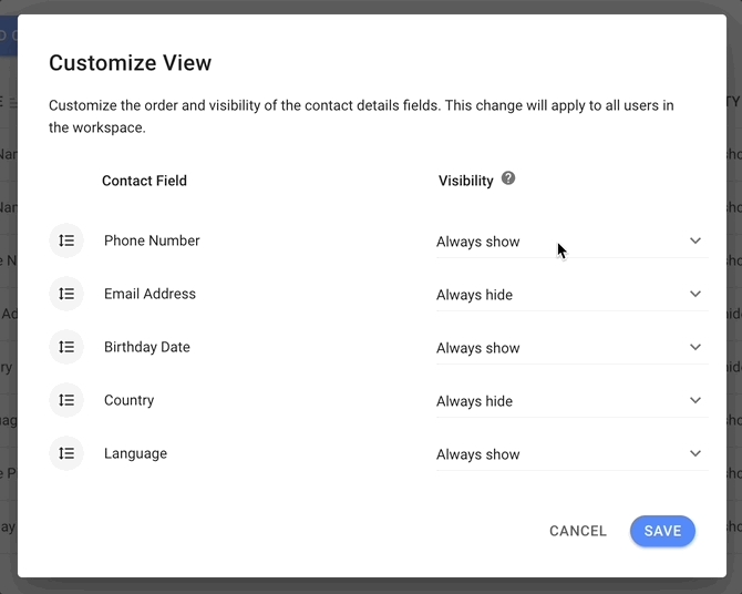 gif showing how to set contact field visibility
